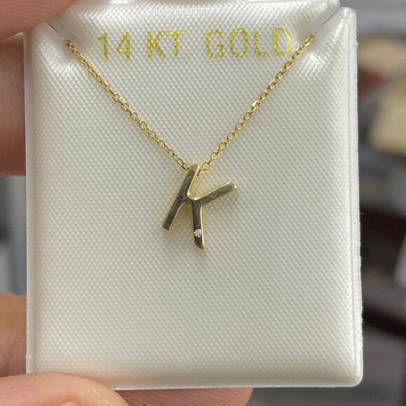 14K Yellow Gold Necklace Pendant Letters CZ Cable Link Chain 18" Jewelry Unisex - Picture 9 of 13